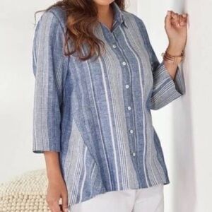 Soft Surroundings Livienne Blue Stripe Cotton Linen Button Down Shirt 1X